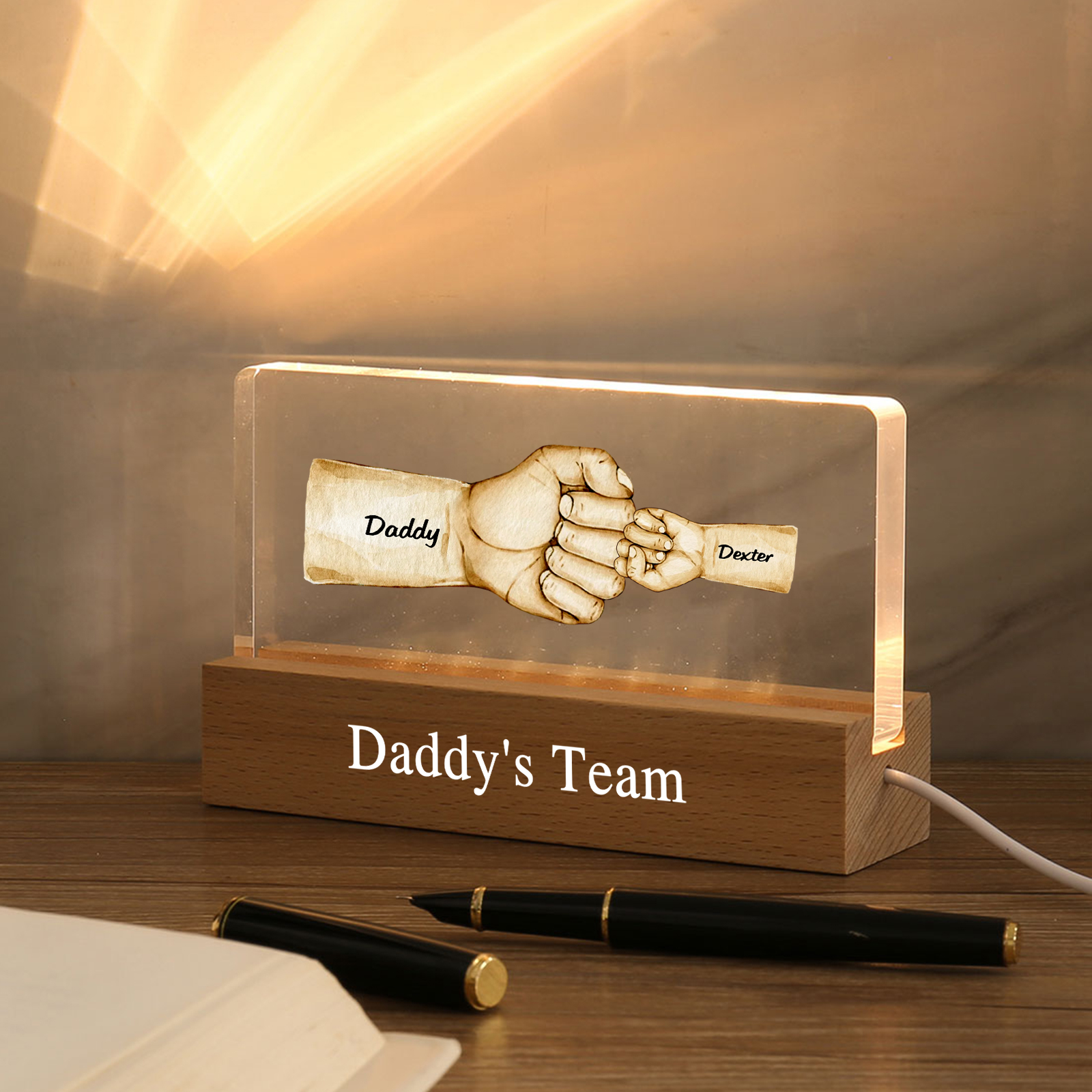 2 Names - Personalised Fist Bump Pattern Table Lamp Customized Text Father's Day Gift for Dad