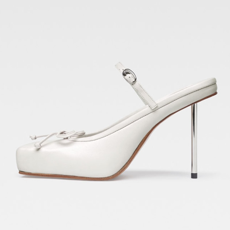 GOOSHOE Silver Thin Heels Women Square Toe Bow Sandals Middle Strap Mules High Stiletto Dress Shoes