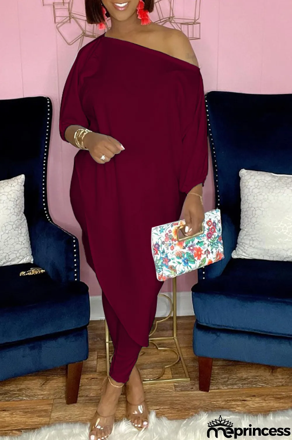 White Casual Print Split Joint One Shoulder Three Quarter Two Pieces