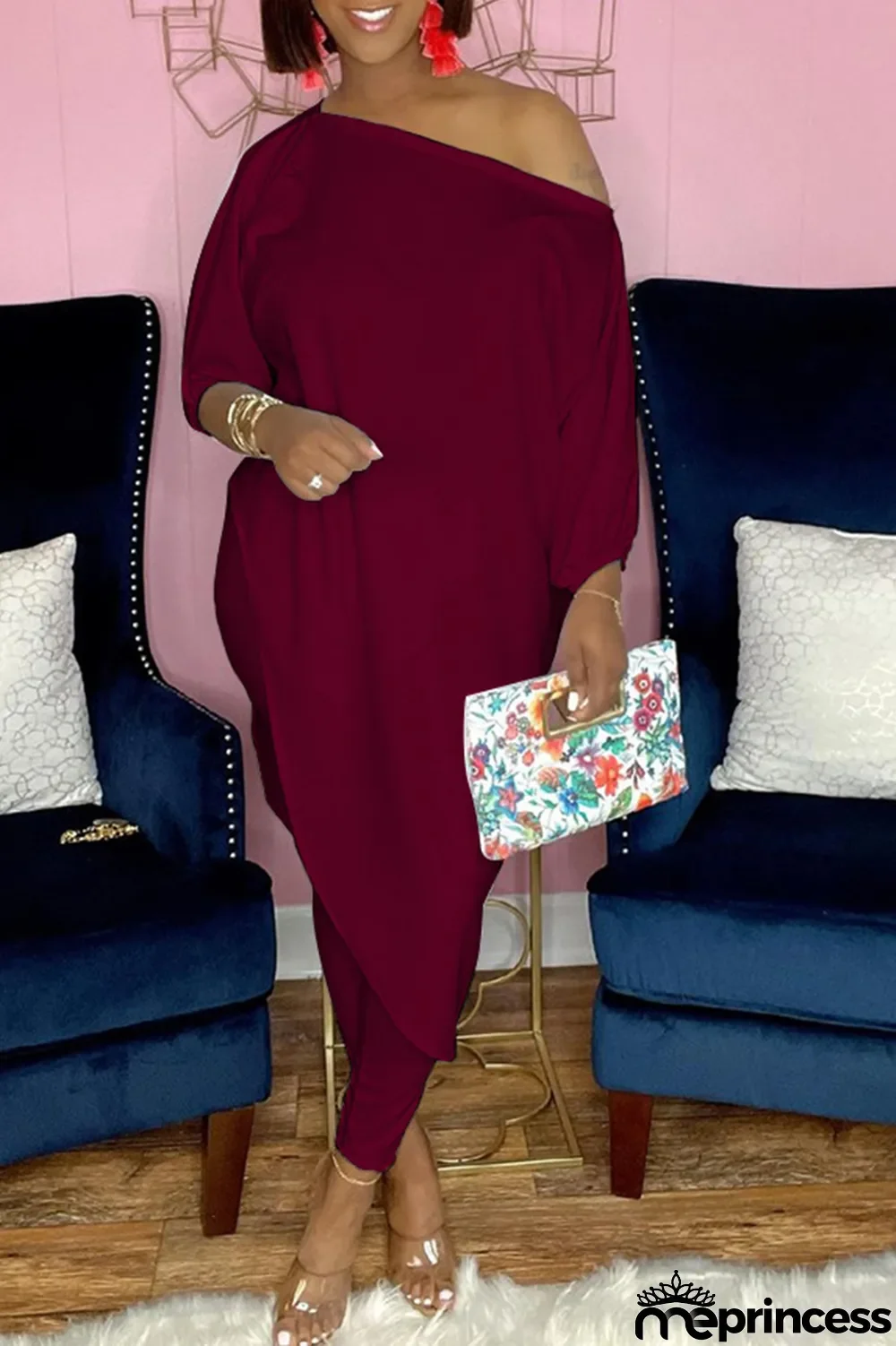 White Casual Print Split Joint One Shoulder Three Quarter Two Pieces