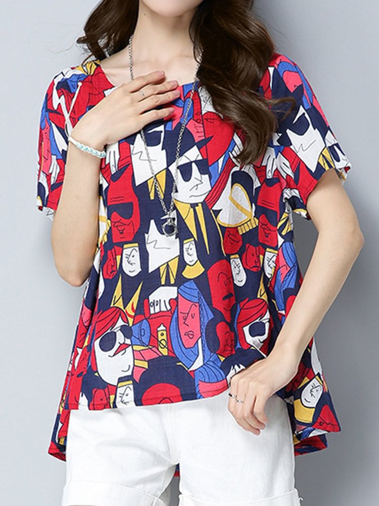 Casual Cartoon Print Irregular Short Sleeve T shirts For Women P1279709