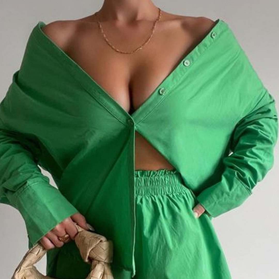 Simplee Cotton casual women two piece loose short sets summer Sexy high waist green shirt suit Orange pink high street set 2022