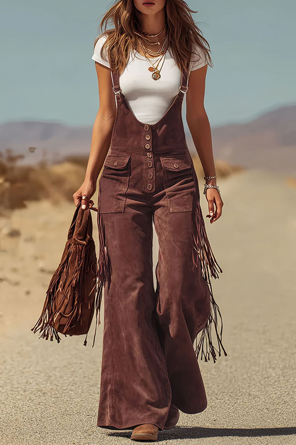 Stylish Suede Tassel Button Pocket Casual Wide-leg Overalls mysite idetrend