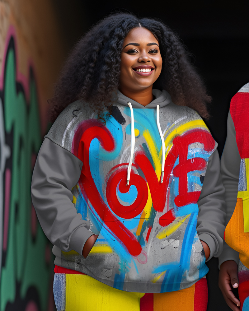Couple Plus Size Street Love Couple Doodle Print Hoodie Set