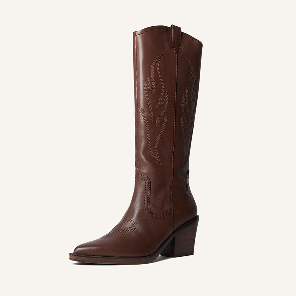 Pointed Toe Block Heel Embroidered Brown Cowgirl Boots for Women Nicepairs
