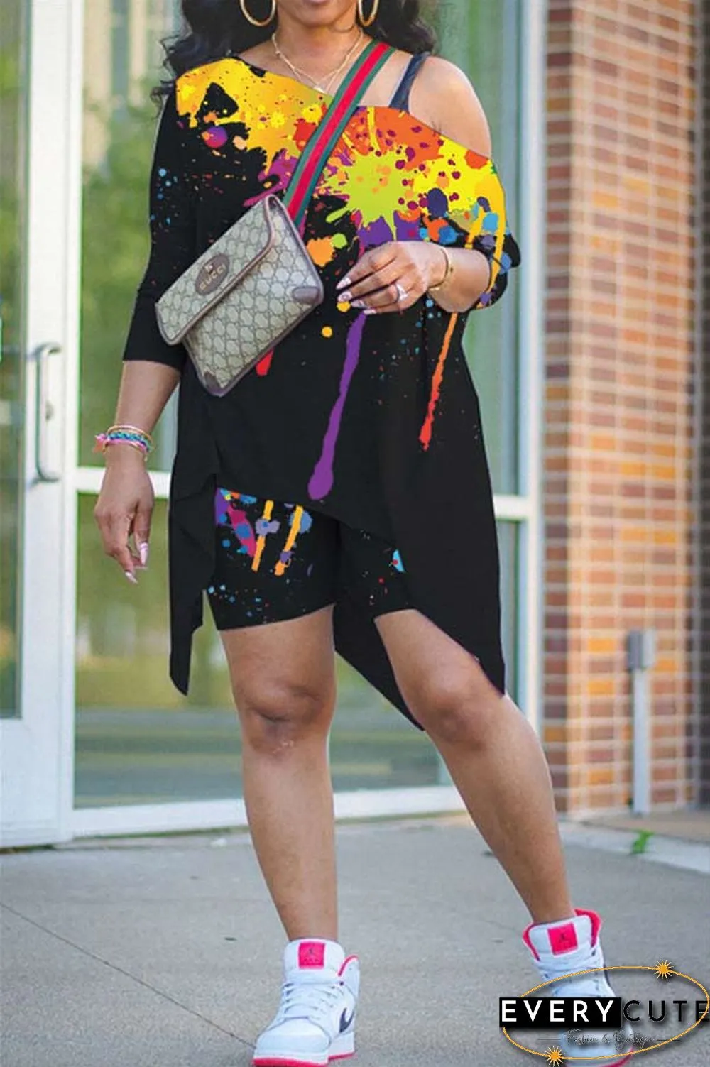 Fashion Print Asymmetrical Oblique Collar Shorts Set