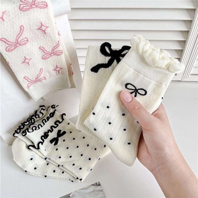 Bowknot Socks Women’s Spring And Summer Mid-length Socks Thin Sweat-absorbent Stockings Black And White Versatile Trendy Zhuji Socks