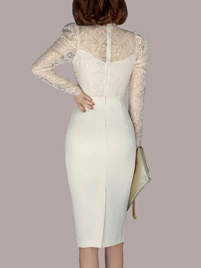Long sleeve lace stitching round neck bag hip waist dress