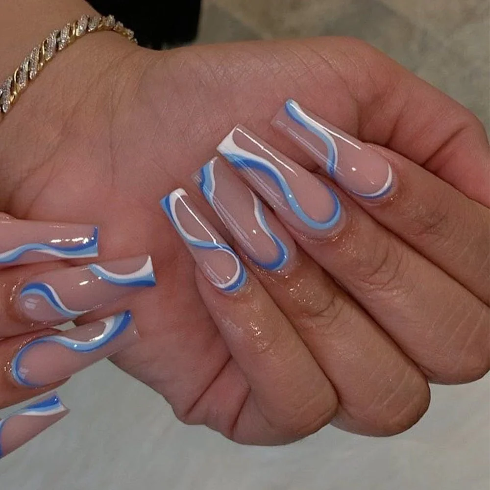 24pcs blue white Wavy lines Detachable Long Ballerina False Nails With Design Wearable Fake Nails Full Cover Nail Tips