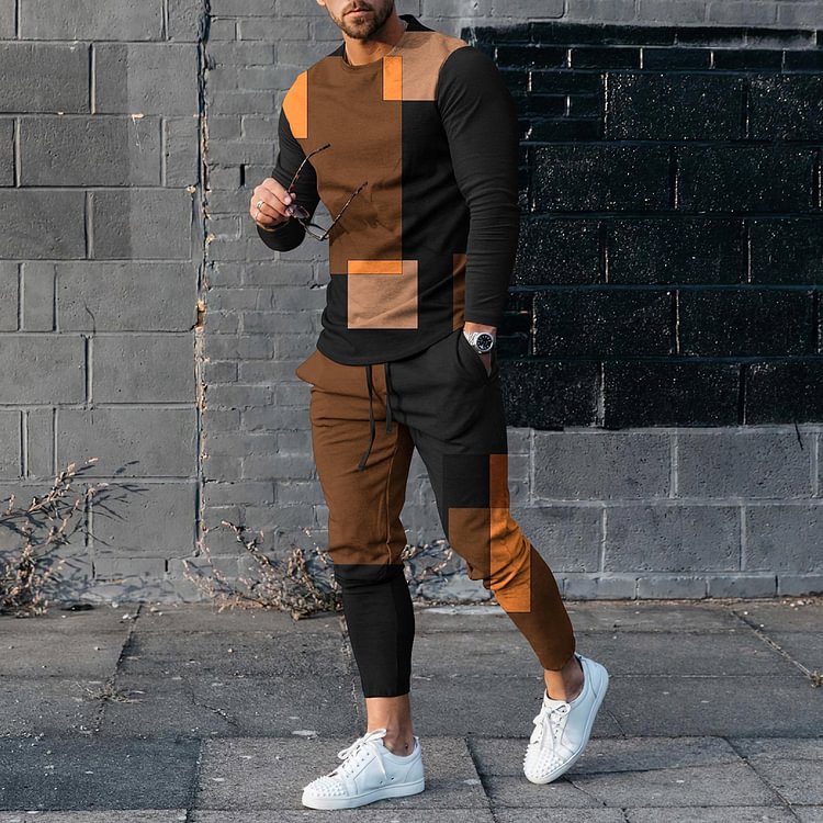 Men's Color Block Stitching Long Sleeve  T-Shirt And Pants Two-Piece Set
