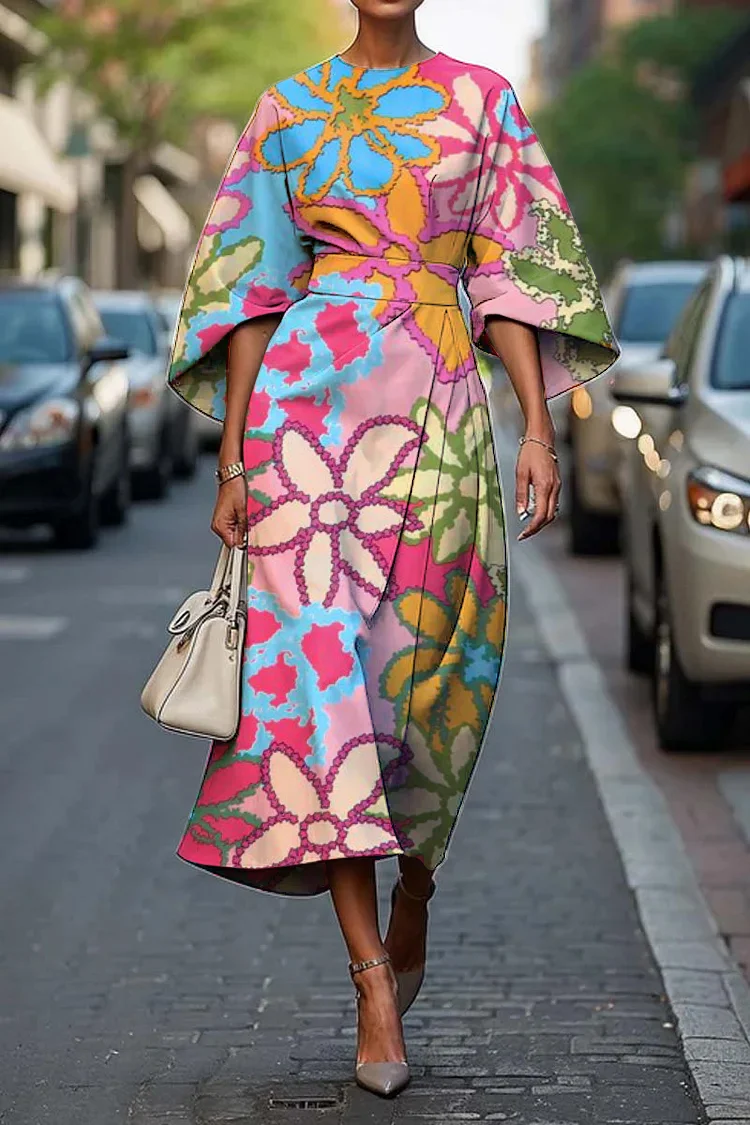Women's Elegant Vintage Floral Print Midi Dress