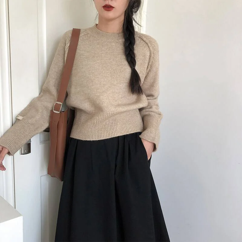 Uveng Uveng Version Of Autumn And Winter Thick Short Round-Neck Sweater Women Fashion Lazy High Sense Long-Sleeved Knitting Top Wear