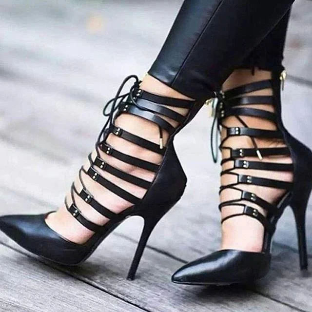 Black Strappy Heels Stiletto Heel Pointed Toe Pumps |FSJ Shoes