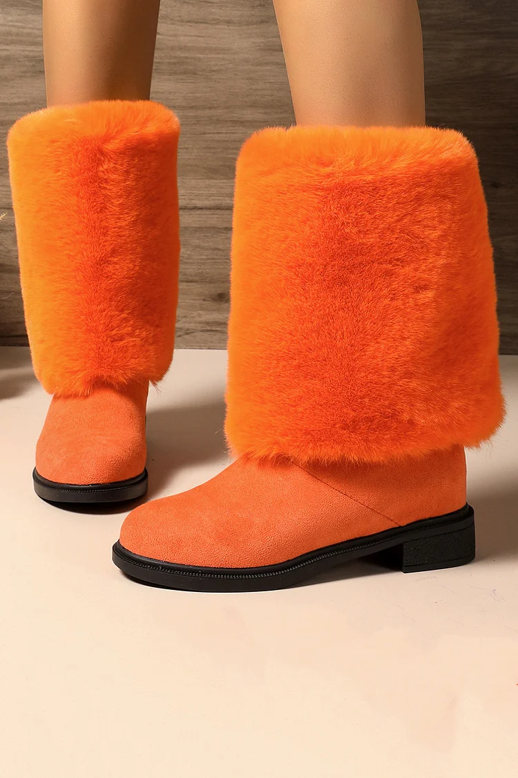 Daily Orange Plain Faux Fur Foldover Round Toe Block Heel Mid Calf Boots 2024 - Xpluswear