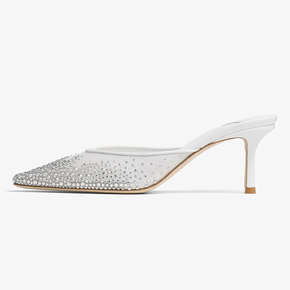 Women's White Pointed Toe Slip On Heeled Mules with Rhinestone