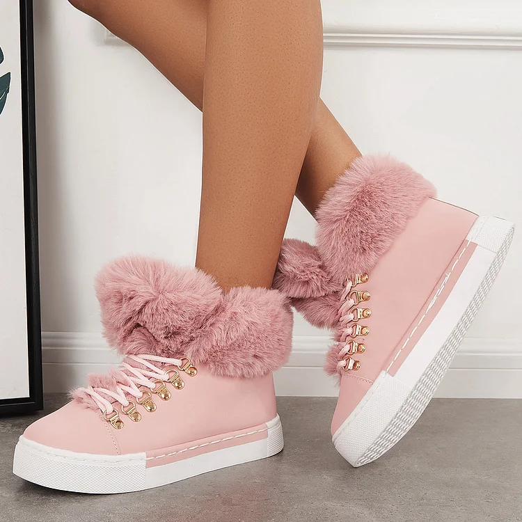 Platform Lace Up Warm Fur Lined Sneakers Flat Ankle Boots