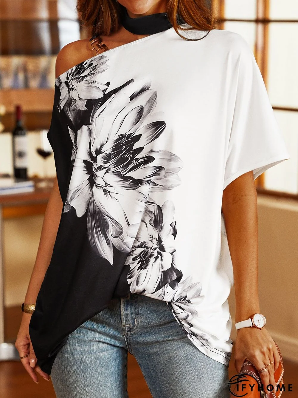 Floral Casual One Shoulder Short Sleeve T-Shirt | IFYHOME