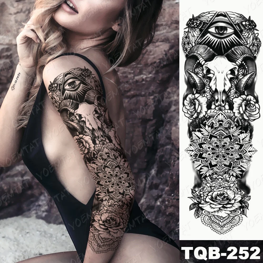 Large Arm Sleeve Tattoo Goat Mandala Rose Waterproof Temporary Tatto Sticker Goddess Of Judgment Body Art Full Fake Tatoo Women