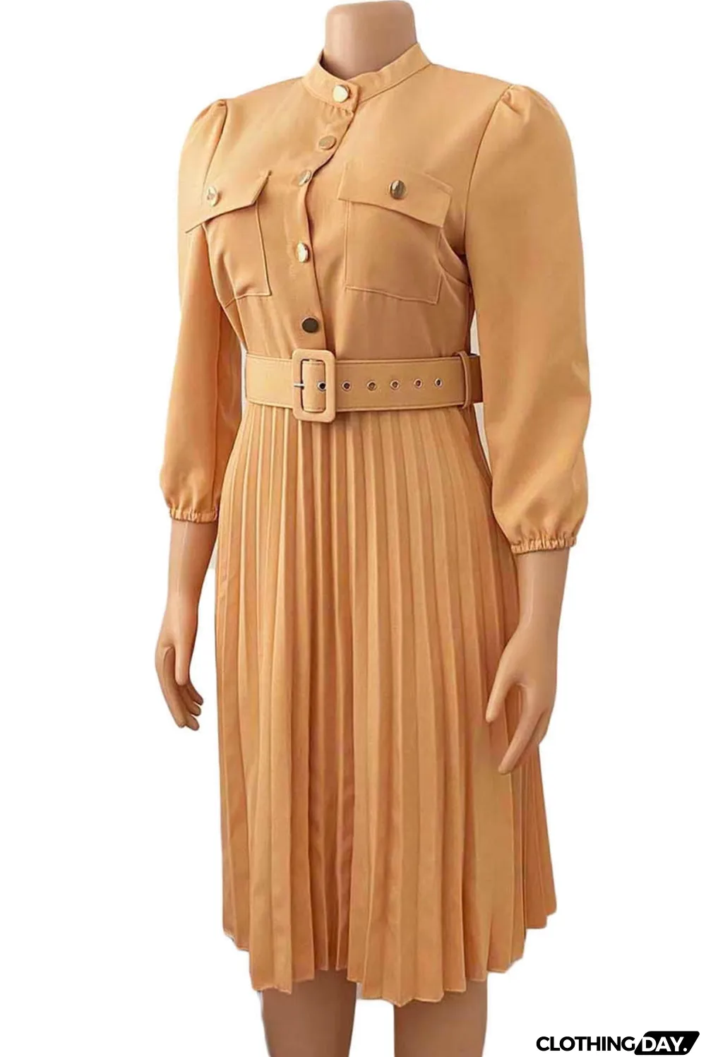 Autumn Professional Khaki Pleated Office Dress with Belt