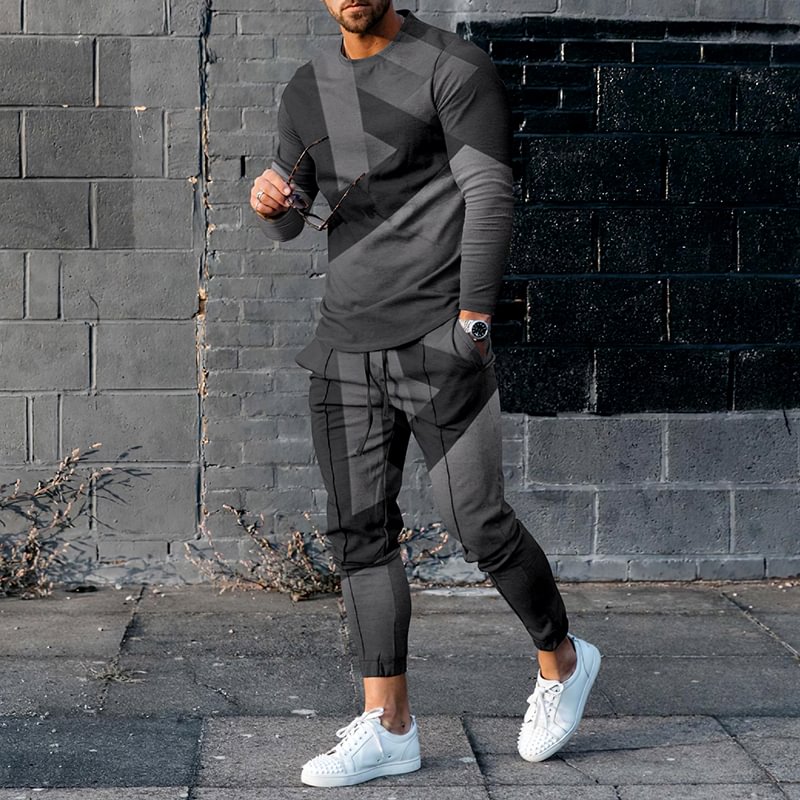 Black And Grey Geometry T-Shirt And Pants Two Piece Set