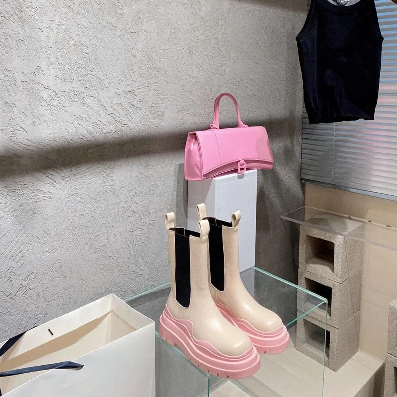 Fall Women's Platform Boots 2022 Thick Bottom Color Avocado Green Martin Boots Casual Female Mid Chesil Boots Women Pink Boots