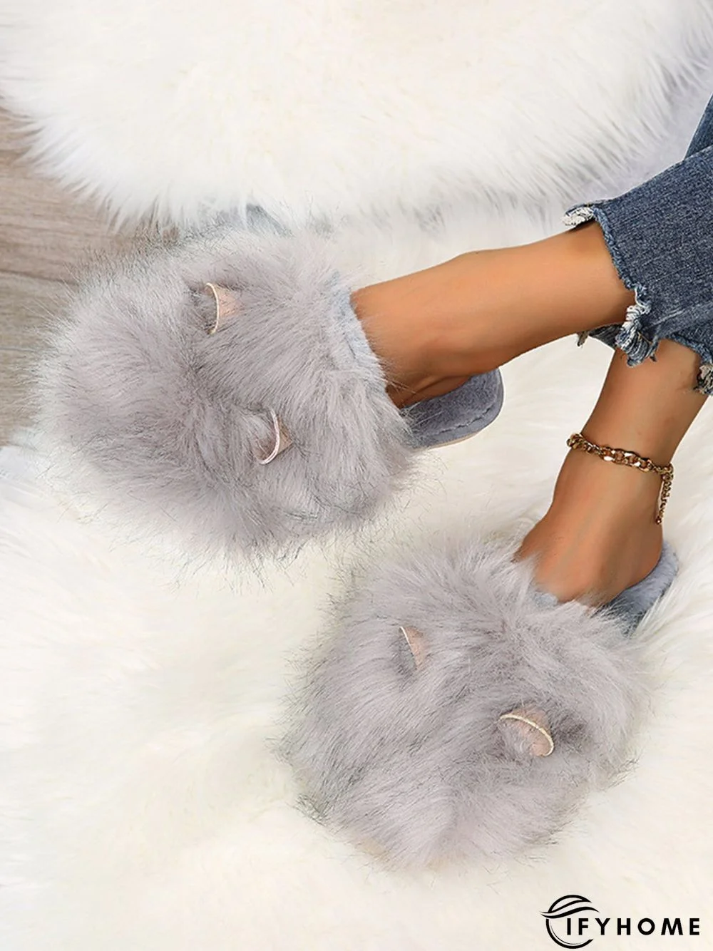 Cute Cat Ears Mohair Warm Fleece Indoor Slippers | IFYHOME