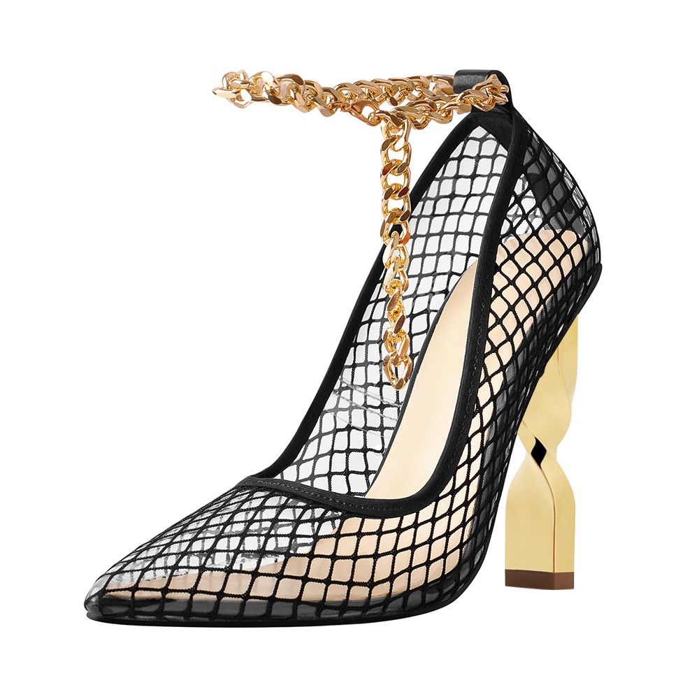 Black Mesh Pointed Toe Decorative Heel Ankle Strap Pumps with Chain Nicepairs