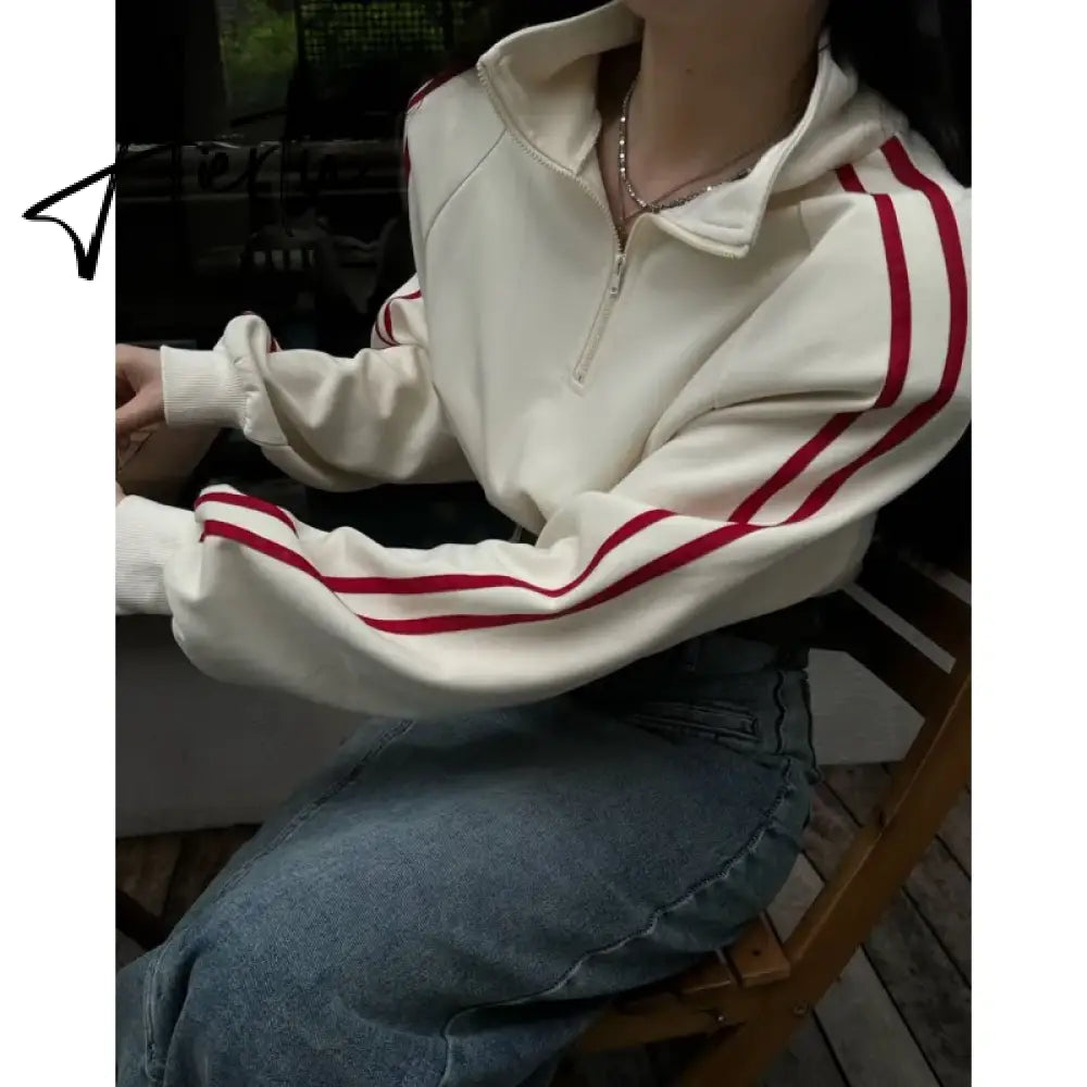 Apricot Women Sweatshirt Coat Solid Stripe Vintage Long Sleeve Short Korean Fashion Casual Y2K Style  NEW Autumn Female Tops Aiertu