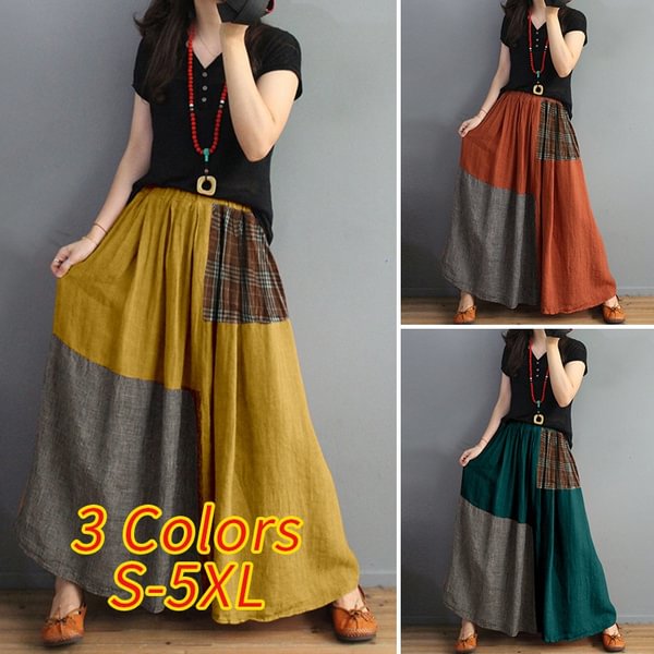 Women Check Casual Loose Skirts Elastic Waist Retro Long Maxi Dress Plus - Shop Trendy Women's Clothing | LoverChic
