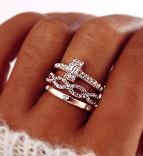 3PCS Charm Crystal Thin Stackable Twisted Ring Set for Women Verceri