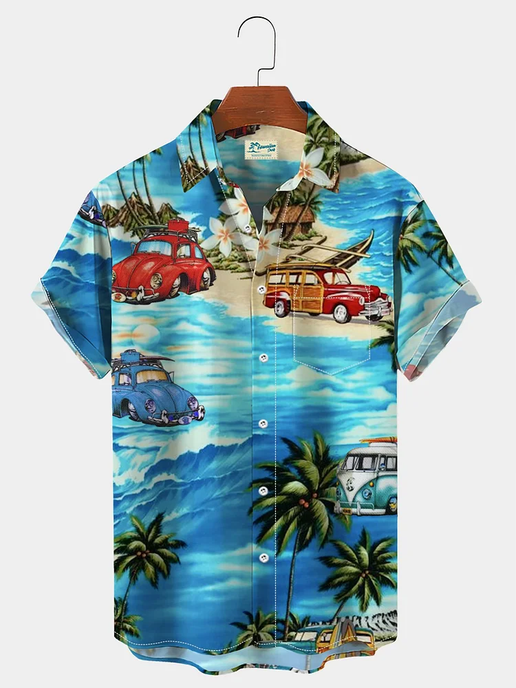 Men's Holiday Casual Hawaiian Shirts Tropical Beach Palms Ford Car Wrinkle Free Plus Size Tops