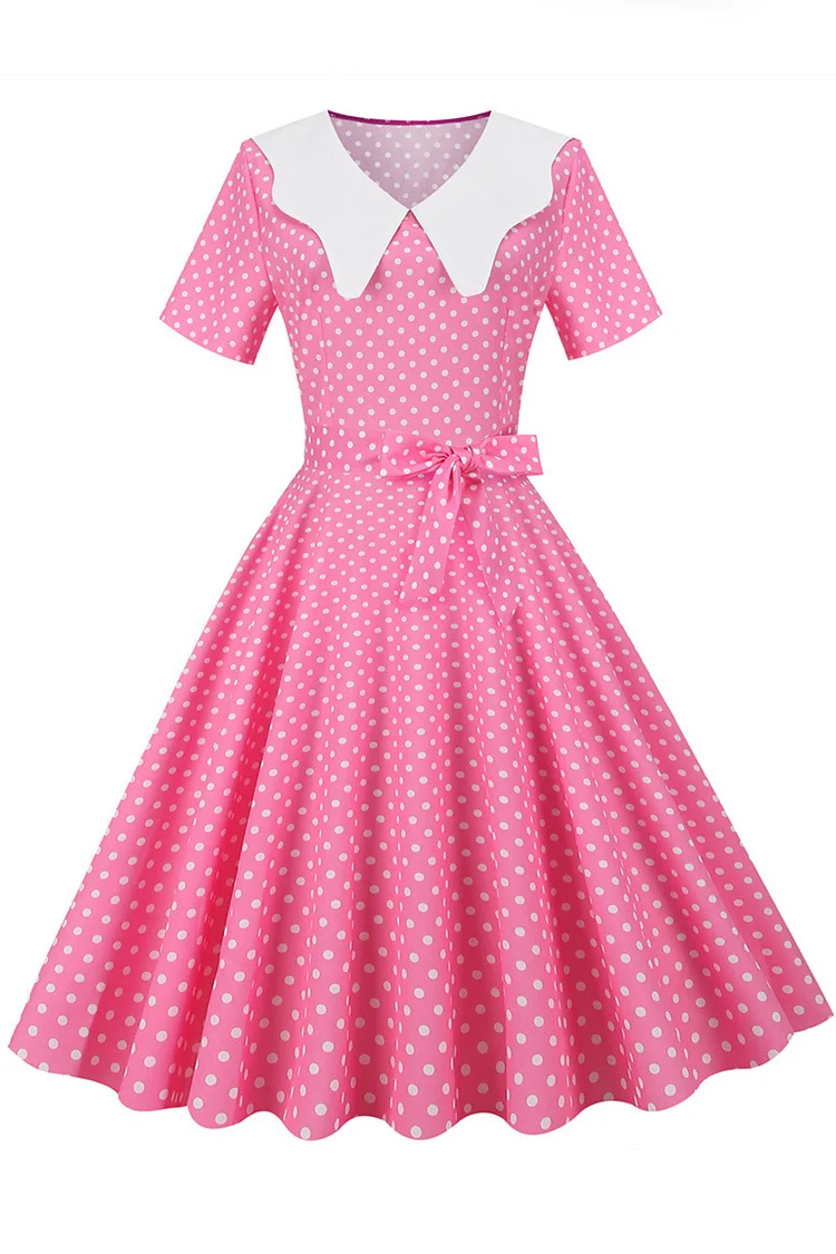 1950s Pink Retro Casual Polka Dot Print Short Sleeve With Belt A-Line Midi Dress
