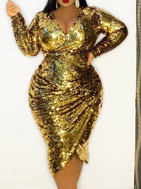 Plus Size Sequin V Neck Long Sleeve Bodycon Midi Party Dresses