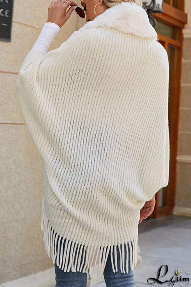 Fur Collar Fringed Knit Shawl Sweater