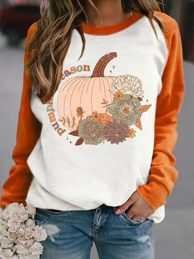 Pumpkin Season Print Color Block Sweatshirt