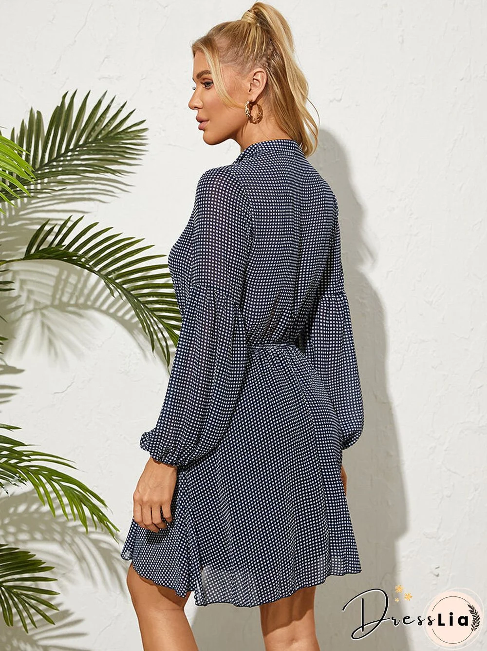 Plaid Check Print Button Lapel Long Sleeve Dress