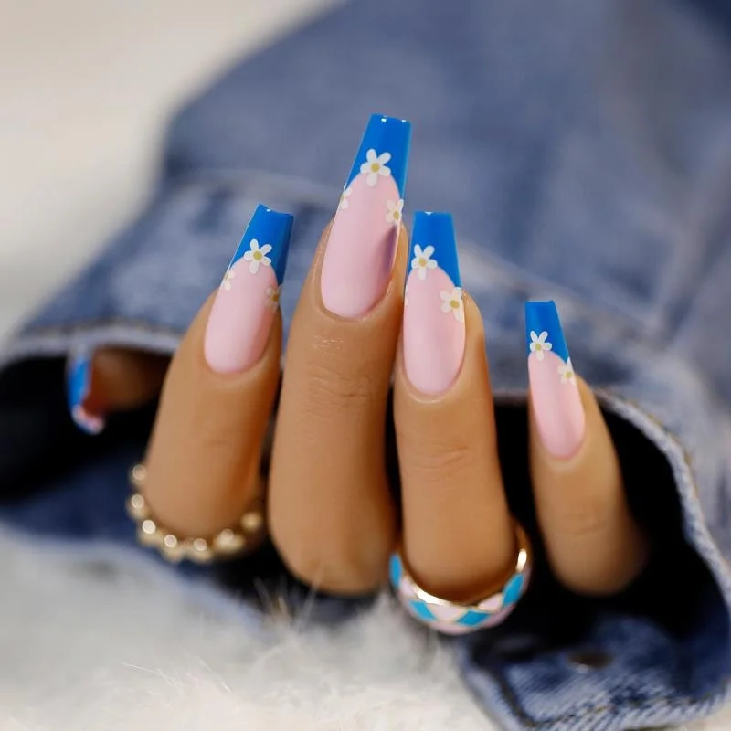 press on nails French Blue flower long Coffin Ballerina false nails Detachable nail art Wearable Fake Nails Full Cover Nail Tips