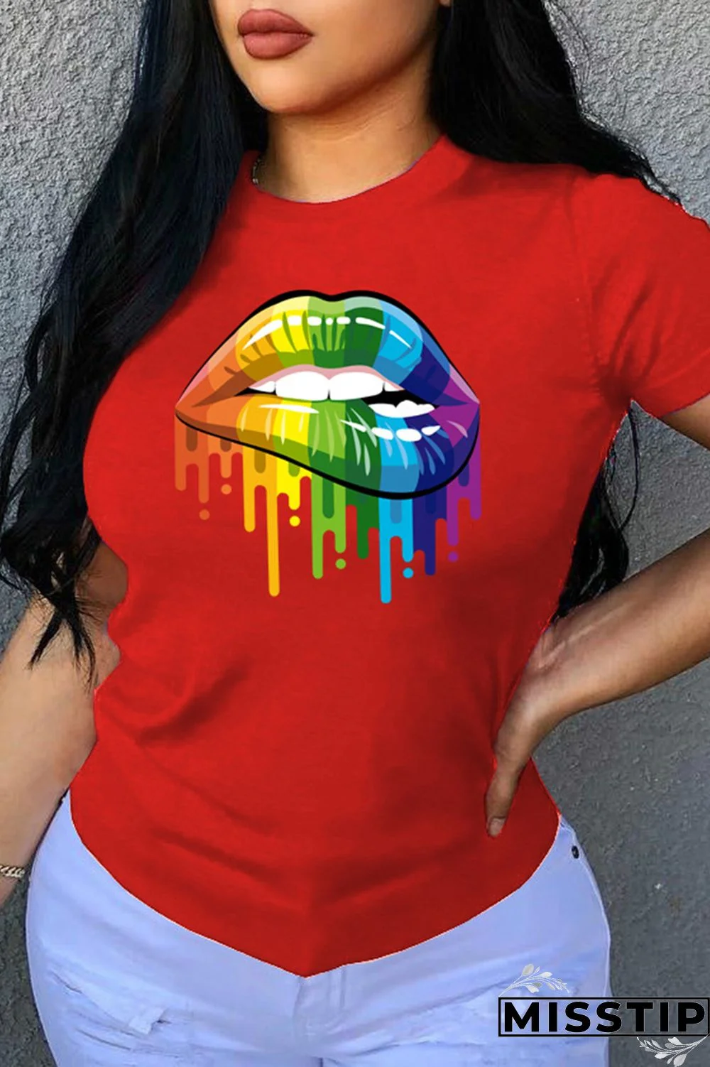 Black Fashion Casual Lips Printed Patchwork O Neck T-Shirts