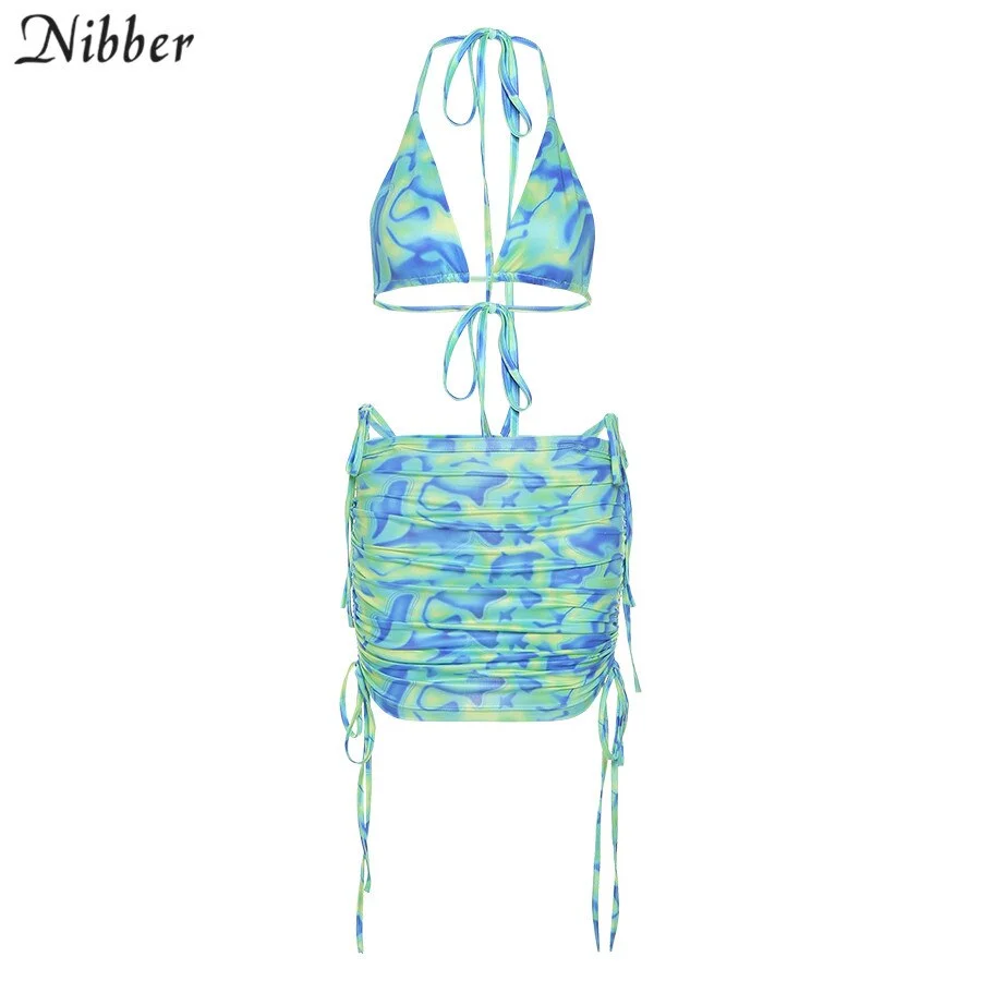 Nibber Bandage Halter Print 2021 Two Piece Sets Women Backless Sexy Hot Tops+Drawstring Stacked Skirts Summer Vacation Outfits