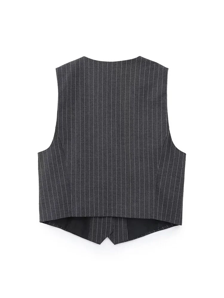 Uveng Women Autumn Striped Vests Coats 2023 Casual Fashion V-Neck Single Breasted Female Elegant OL Waistcoat Vest Clothing