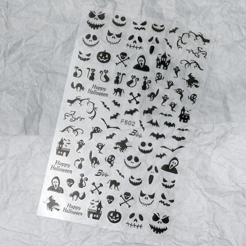 Halloween Nail Art Stickers Laser Black and White Skull Bat Spider Web Pumpkin Sticker Designer 3D Manicure Art Decals 9*16CM