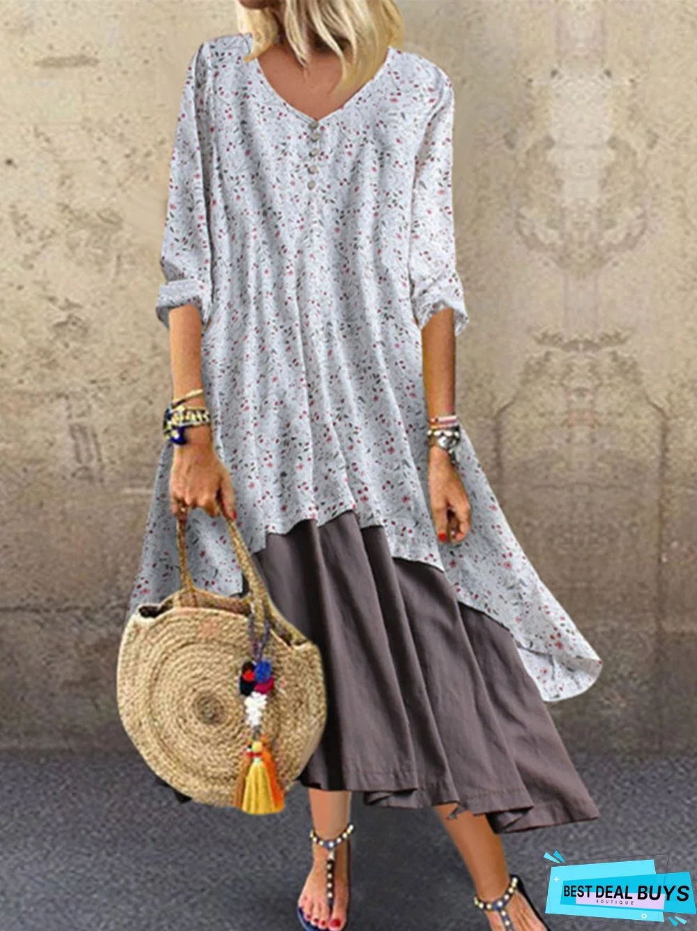 V Neck Women Weaving Dress A-Line Going Out Boho Cotton Weaving Dress