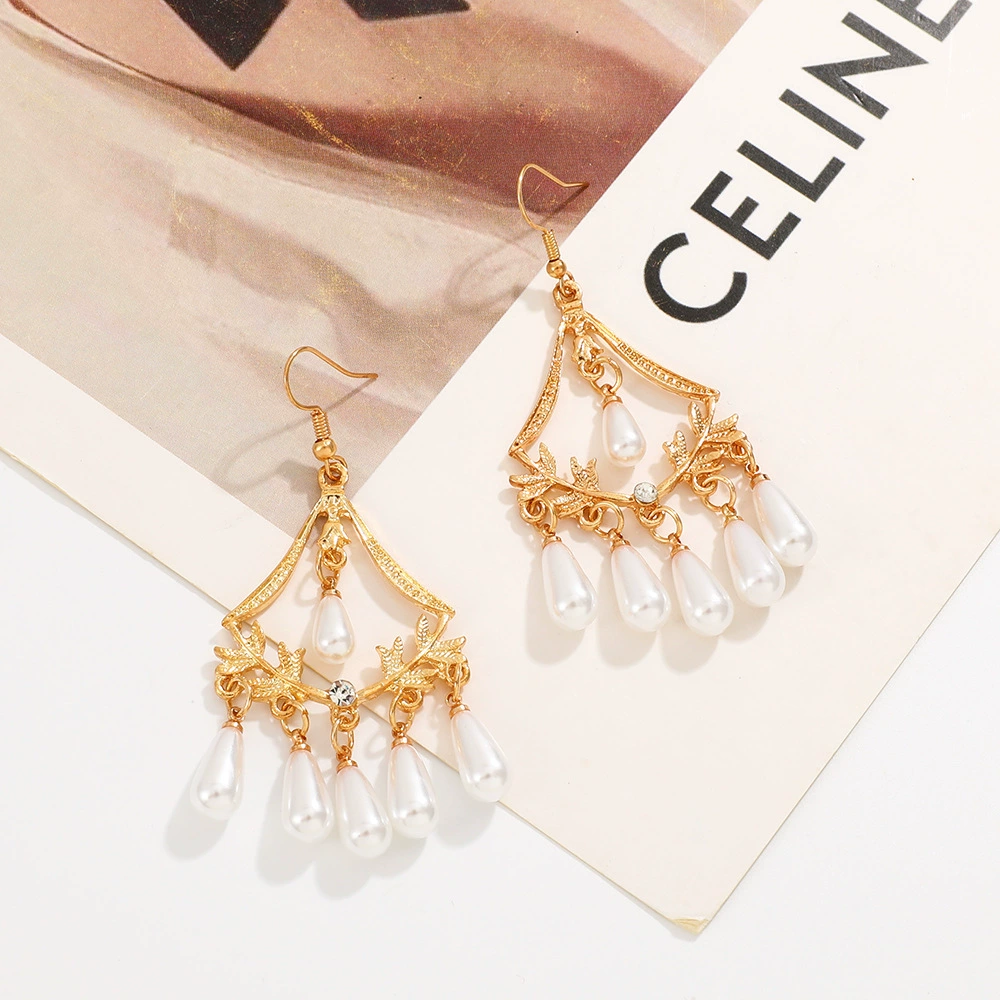 Palace Style Pearl Long Gold Plated Earrings