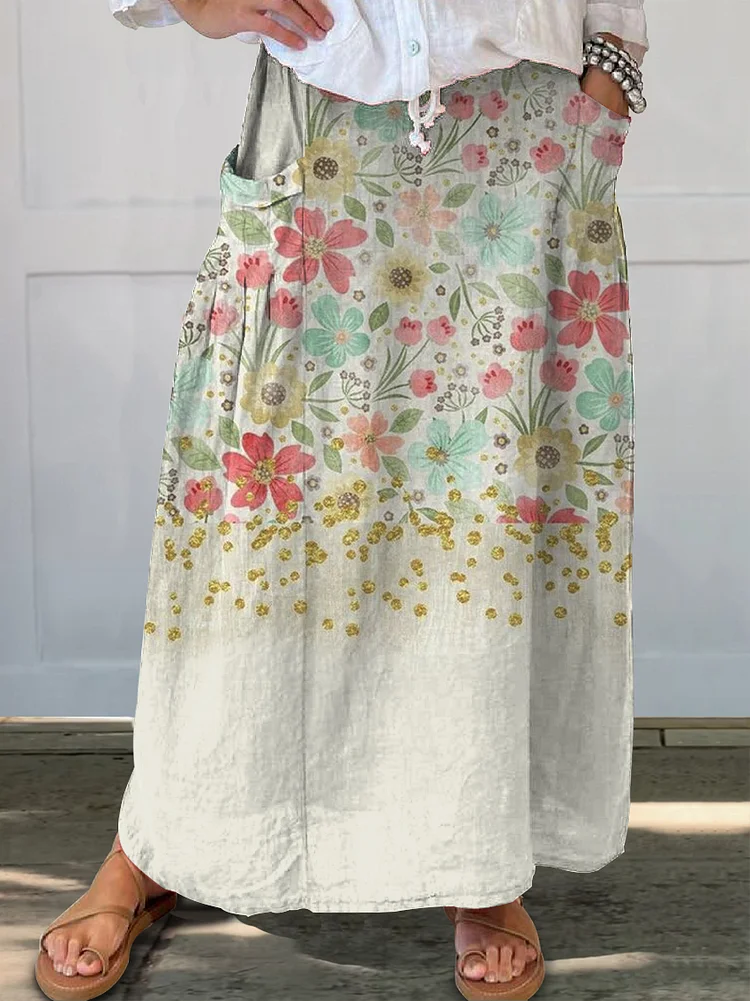 Women's Flowers Gradient Background Casual Print Linen Pocket Skirt socialshop
