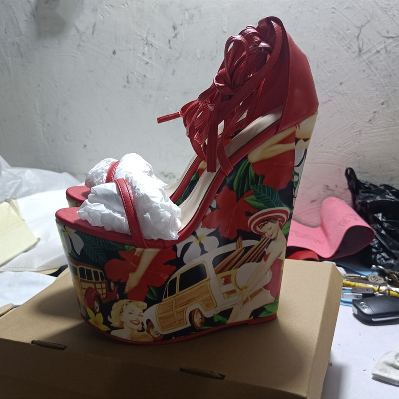TAAFO Women's Sandals Women's Shoes Wedge Heel 18 Cm Red Sandals Printed Shoes