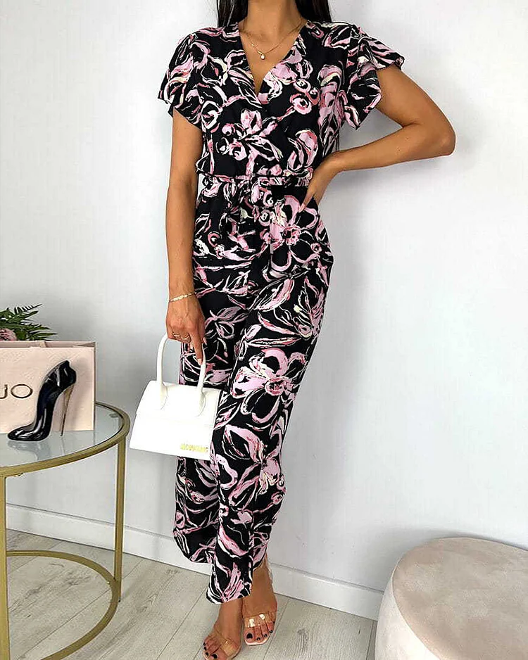 V-Neck Sleeveless Ruffle Print Jumpsuit