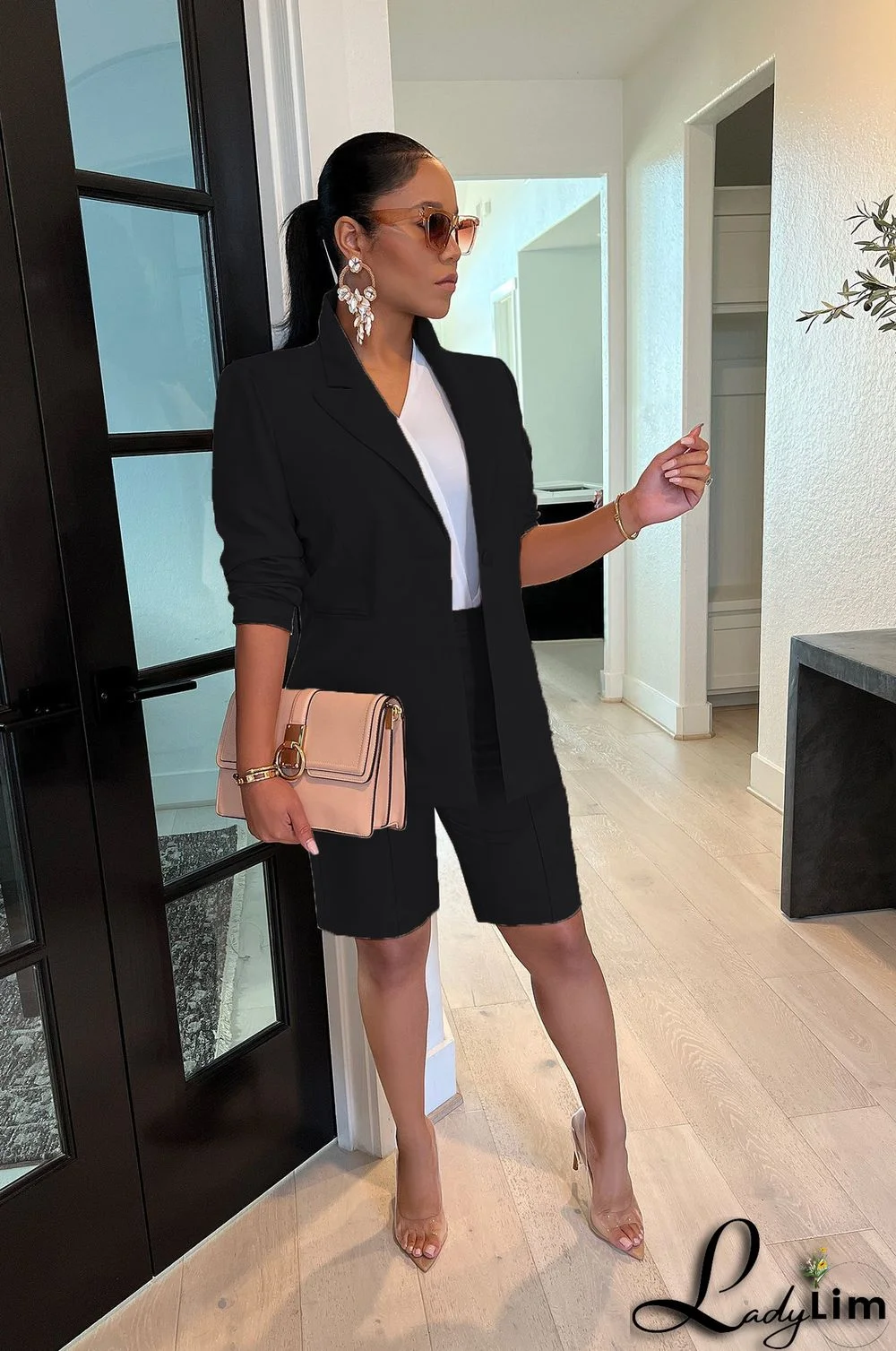 Women Clothing Solid Jacket Shorts Two Piece Spring/Summer Casual Blazer Suit