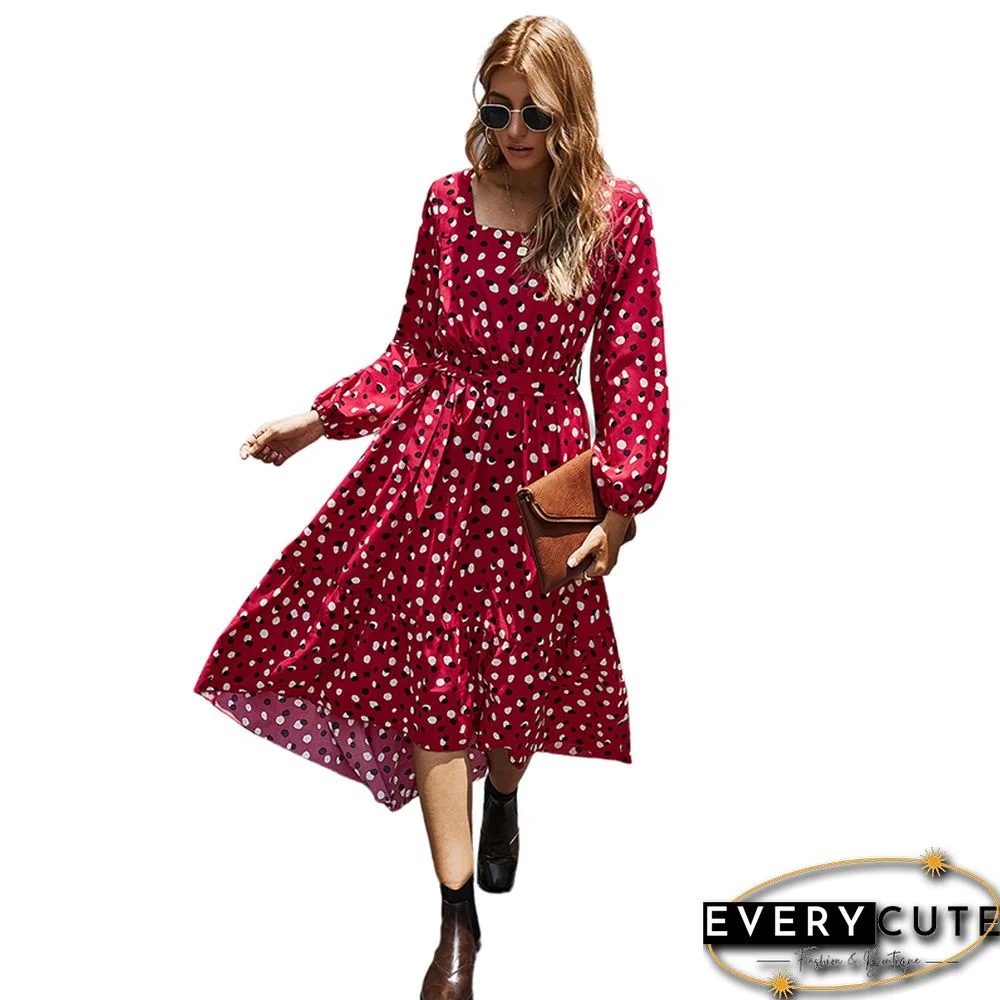 Red Polka Dot Square Neck Long Sleeve Dress