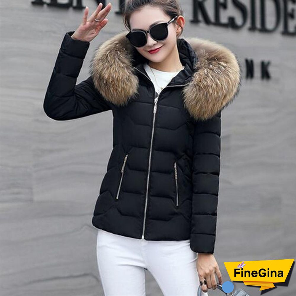 Women Autumn Winter New Fashion Short Coat Cotton-padded Jacket Large Size Hooded Jacket Warm Cotton Female Fur Collar Hoody Parka XS-XXXL