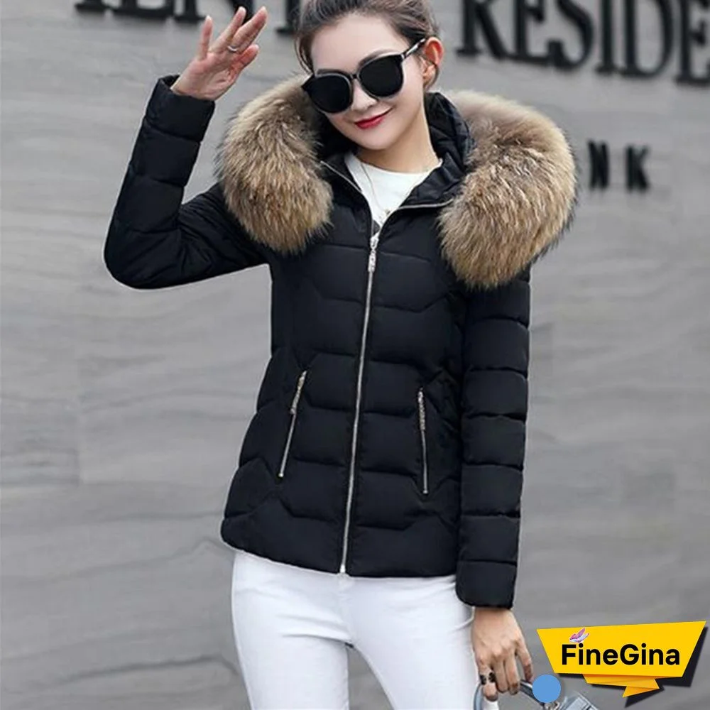Women Autumn Winter New Fashion Short Coat Cotton-padded Jacket Large Size Hooded Jacket Warm Cotton Female Fur Collar Hoody Parka XS-XXXL